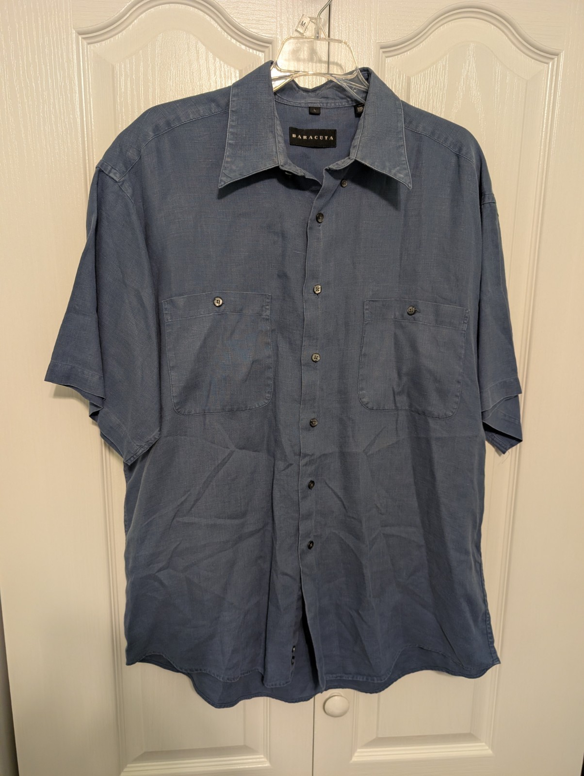 Baracuta Mens Shirt Blue Large 100% Linen Short Sleeve Button Up