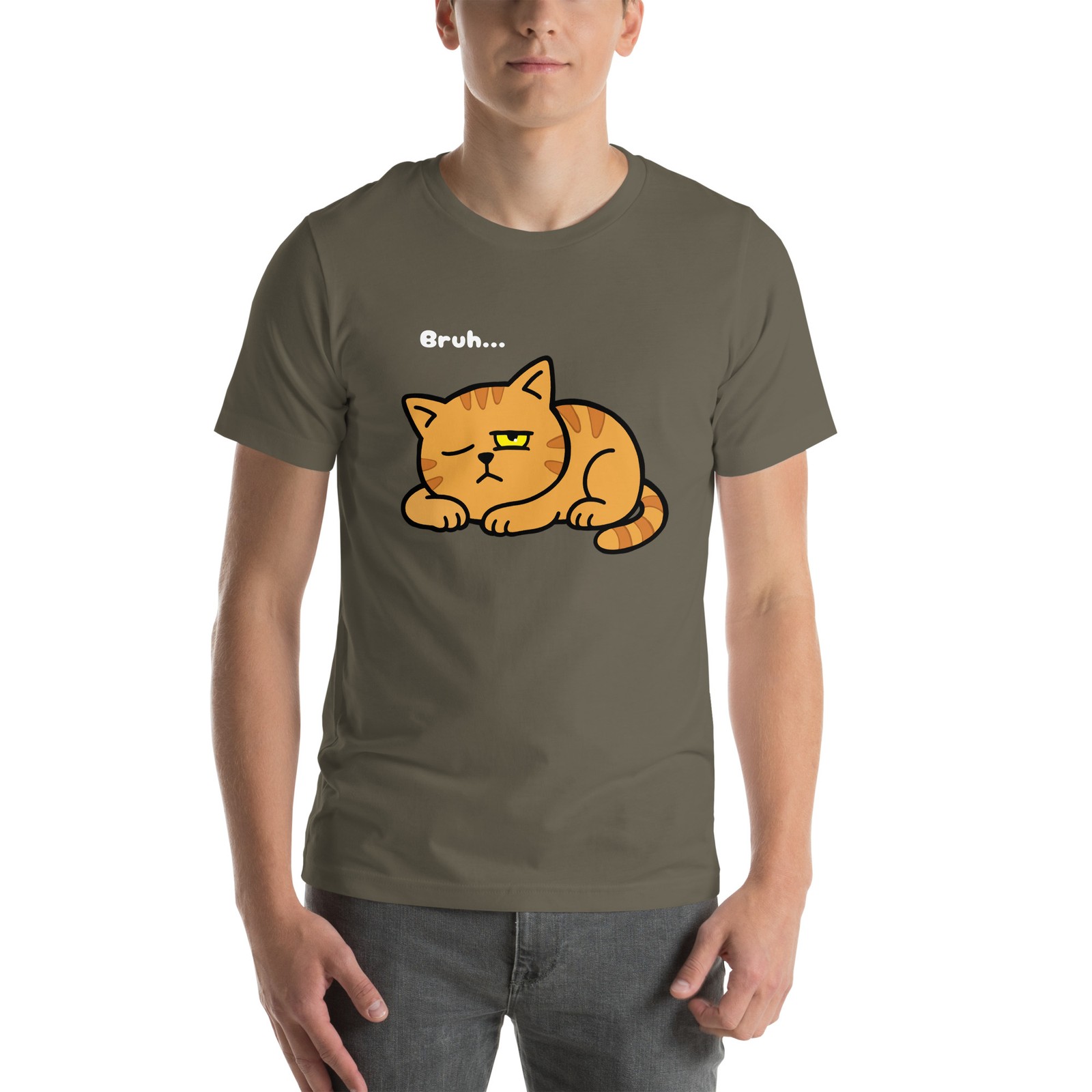 Bruh Cat Barty T-Shirt | The Over It Cat Funny Annoyed Orange Tabby Printful Tee
