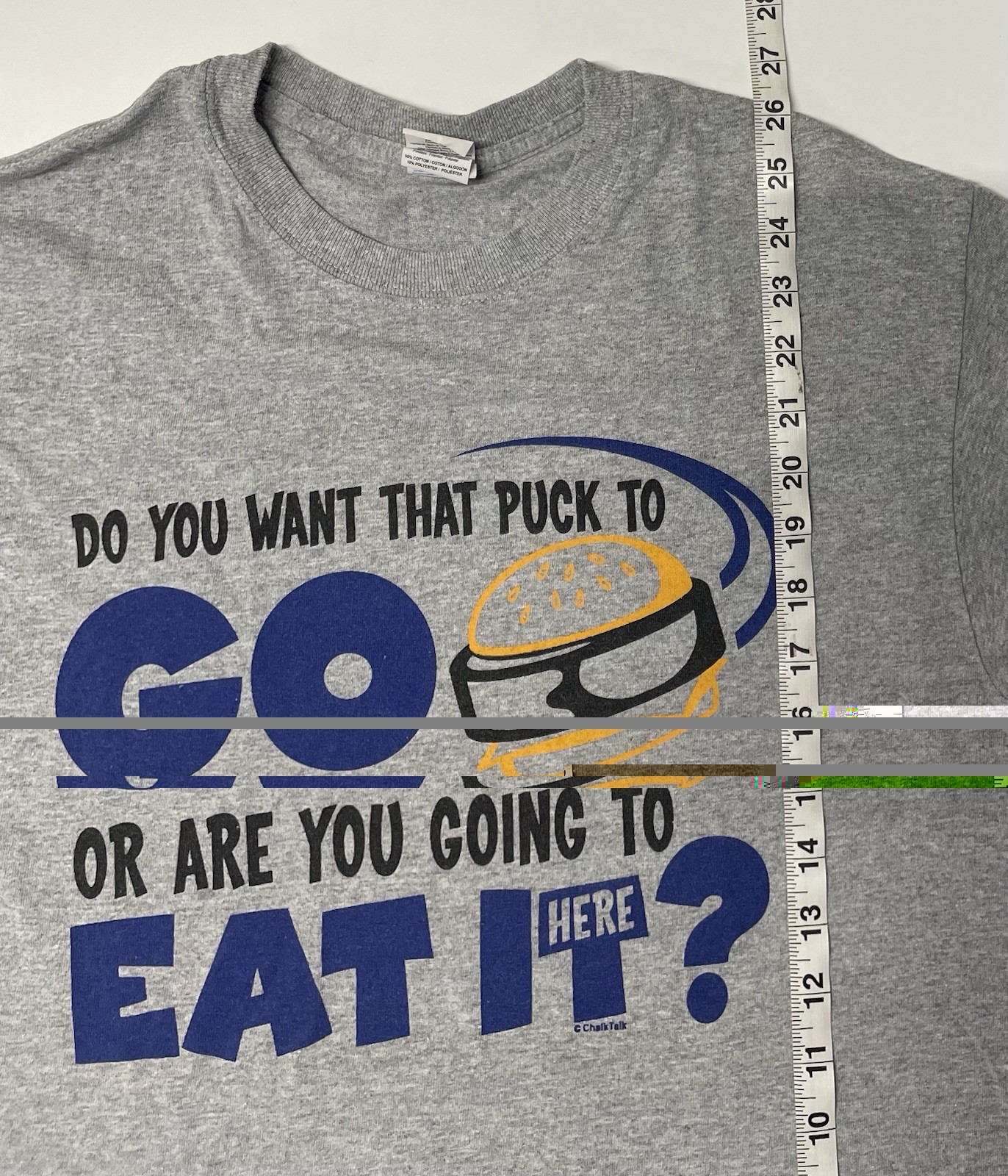 Chalktalk Sports Hockey Humor Tee Med. You want That Puck To Go Or Eat It Here?