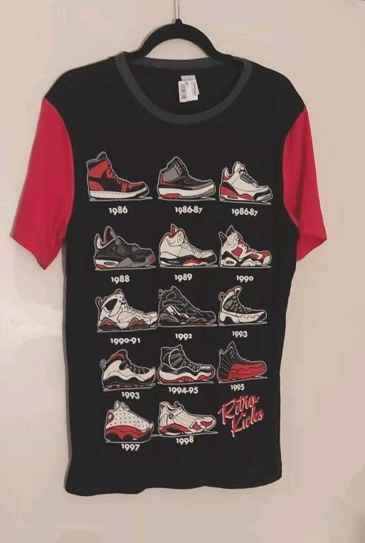 Citi Trends Mens Retro Kicks Jordans T Shirt Tee Black W/ Red Sleeves Size…
