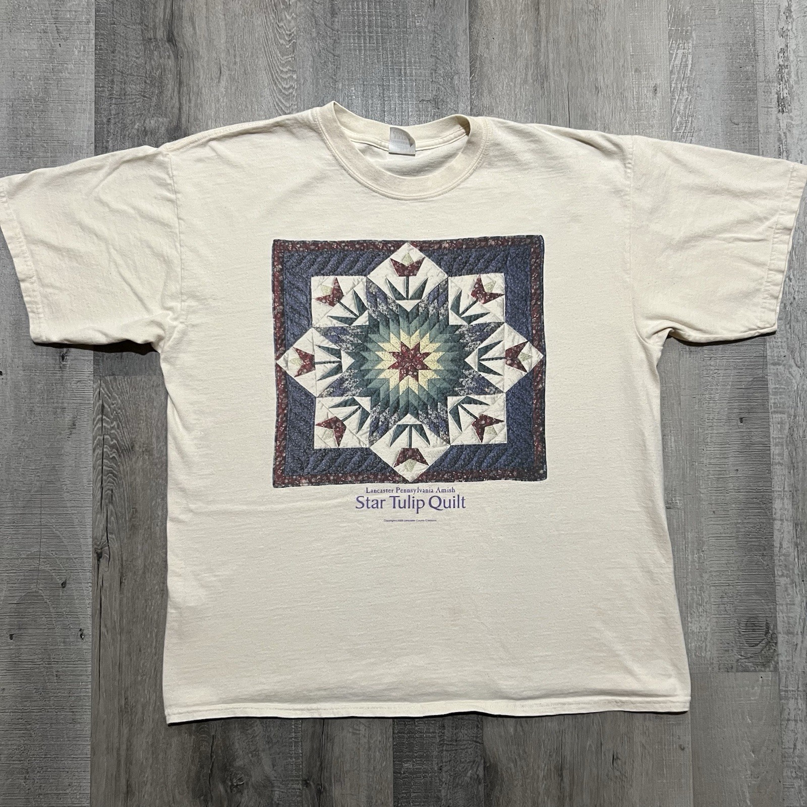 VTG Star Tulip Quilt T Shirt White Y2K Pennsylvania Amish Blanket Art T Shirt XL