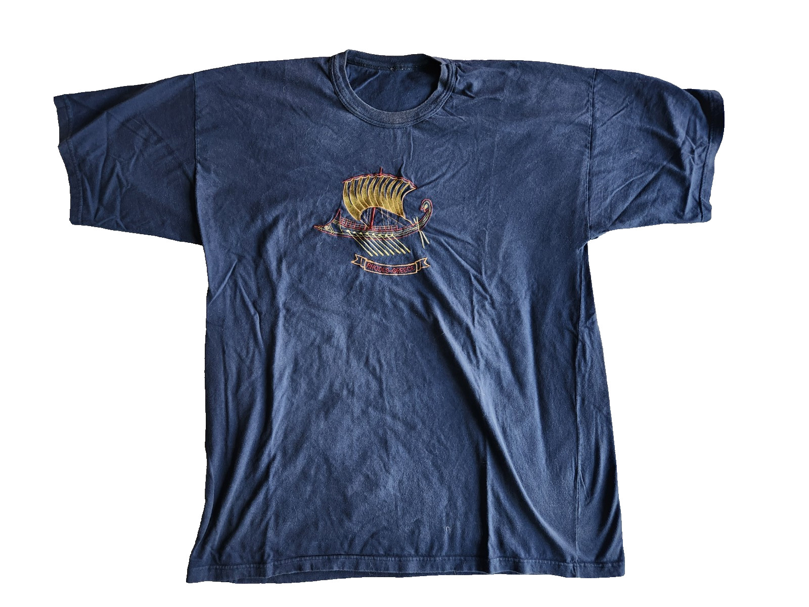 Vintage Embroidered Rhodes Greece Tee with Detailed Ship Size 2XL Blue Color
