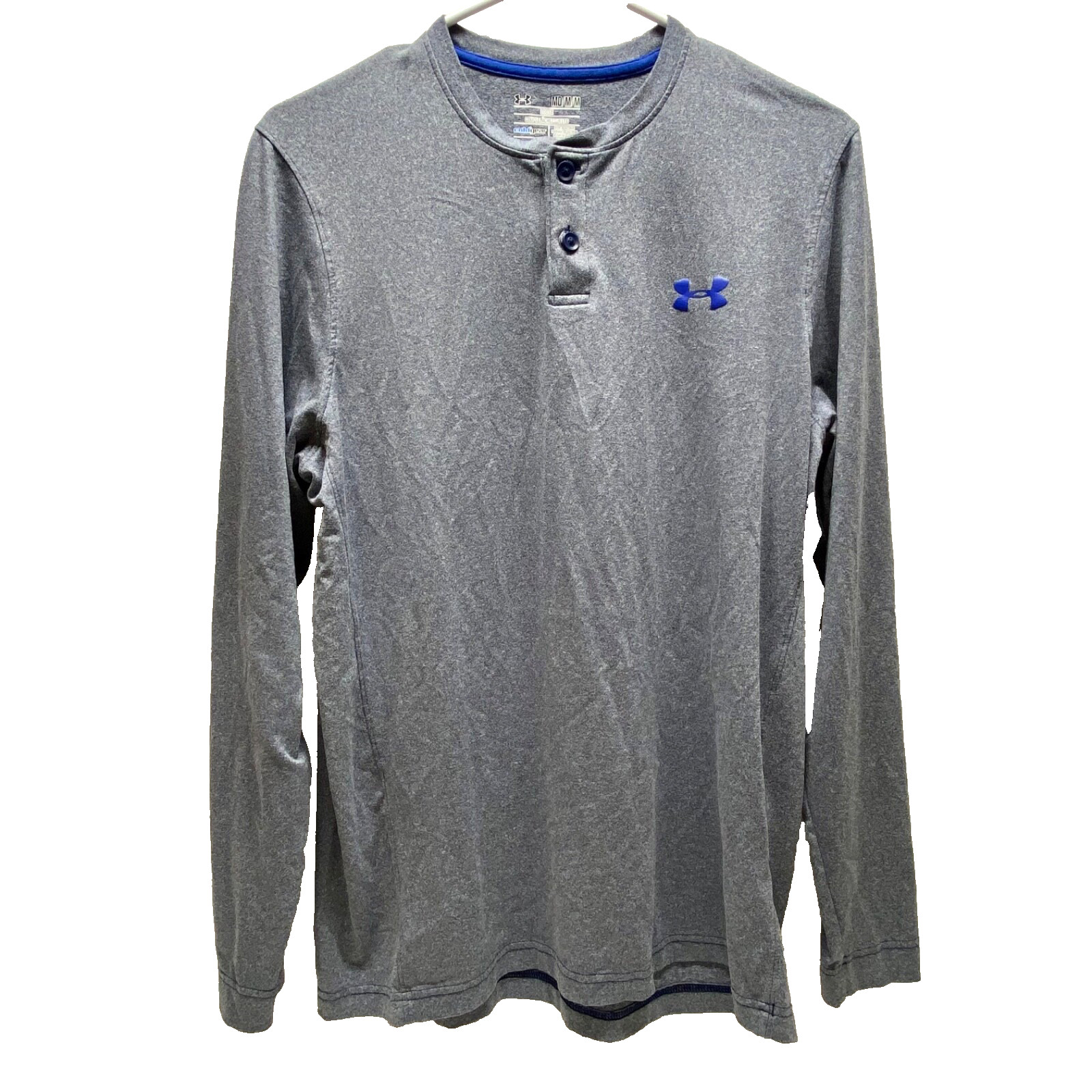 Under Armour Henley Men’s Medium Heather Blue Loose Fit Long Sleeve Coldgear EUC