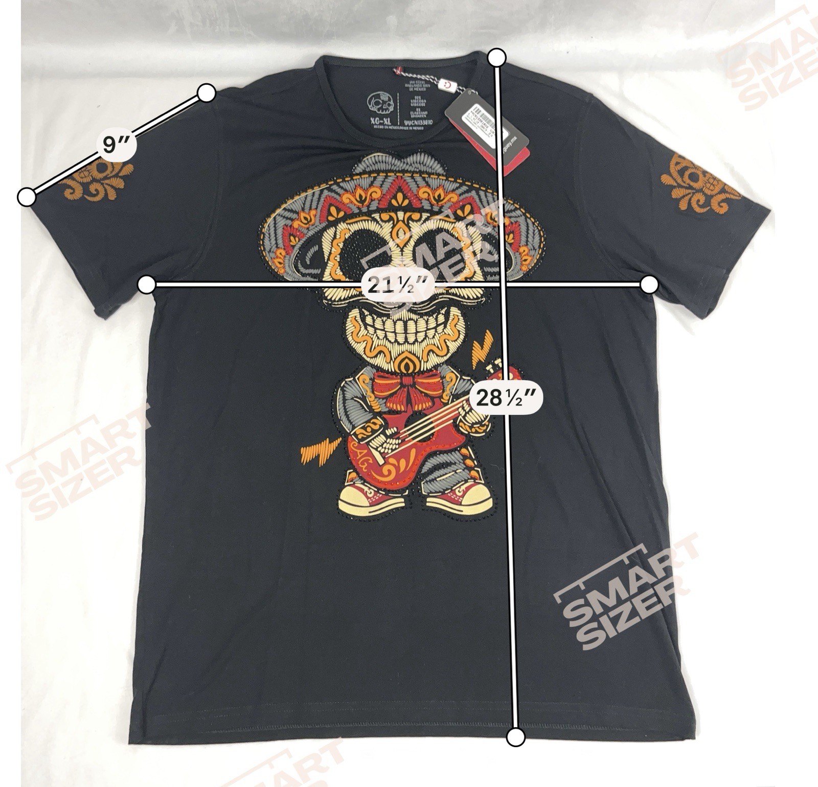 AY GUEY “Chapatin” Men’s Beaded Short Sleeve Tee Mexican Skull Mariachi Black XL
