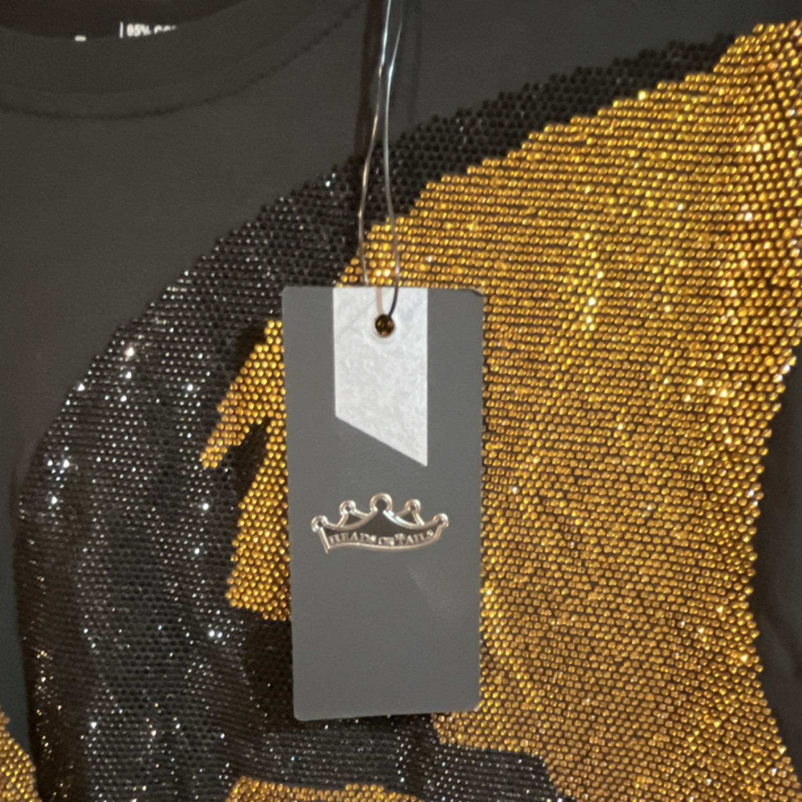 Men’s Black & Gold Sequin Skull Graphic Crew Neck Short Sleeve Stretch Tee S