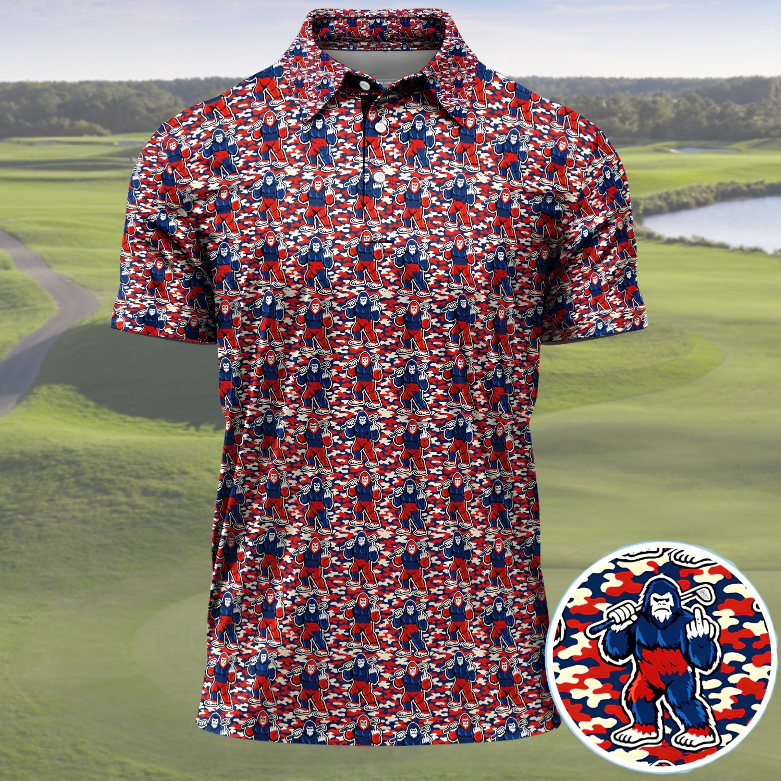 Patriotic Bigfoot Golf Shirt, Red White Blue Camo Sasquatch Polo Top (S-5XL)