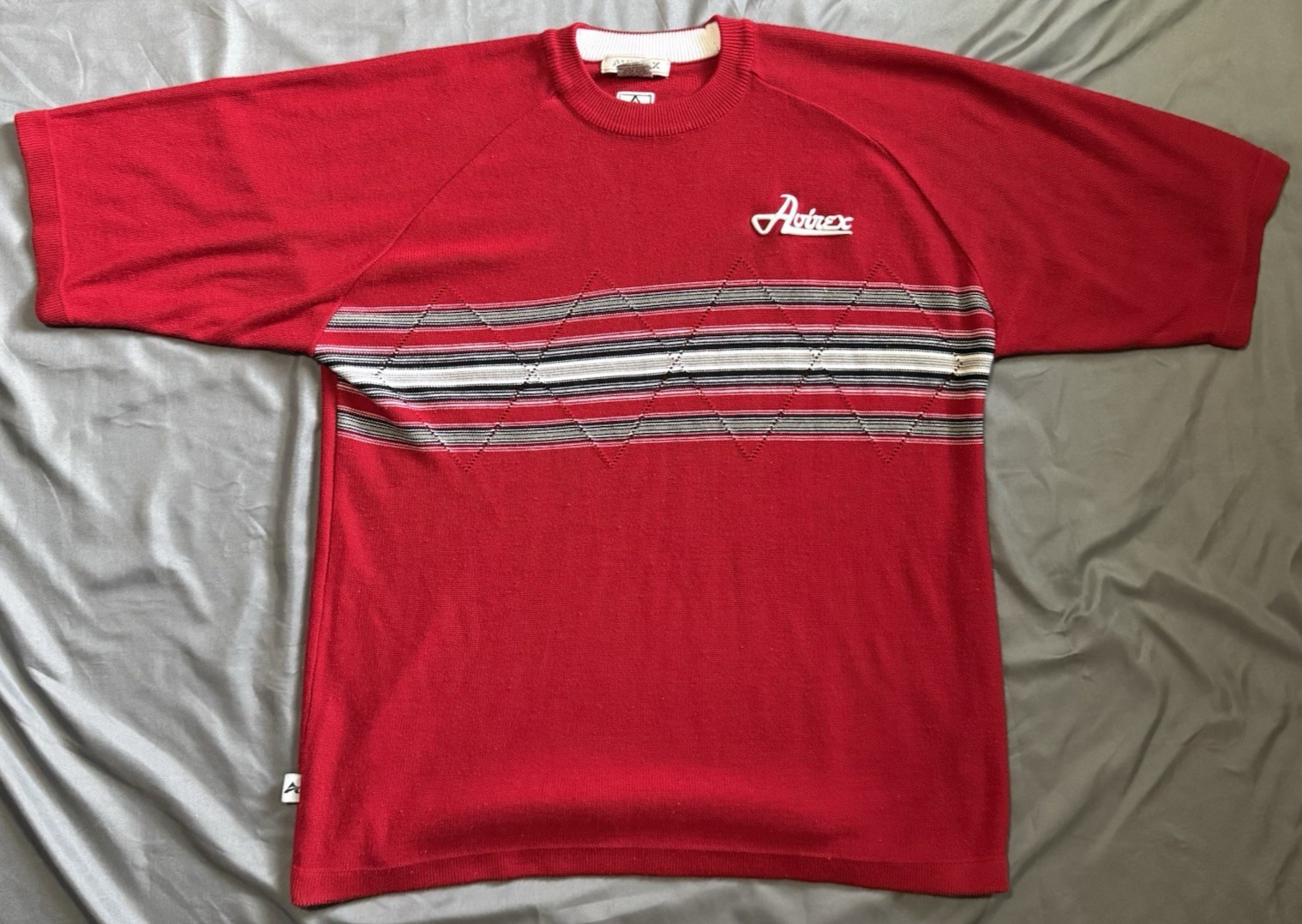 Avirex LTD Red Argyle Stripe Acrylic Knit Shirt Large Y2K Hip Hop Streetwear