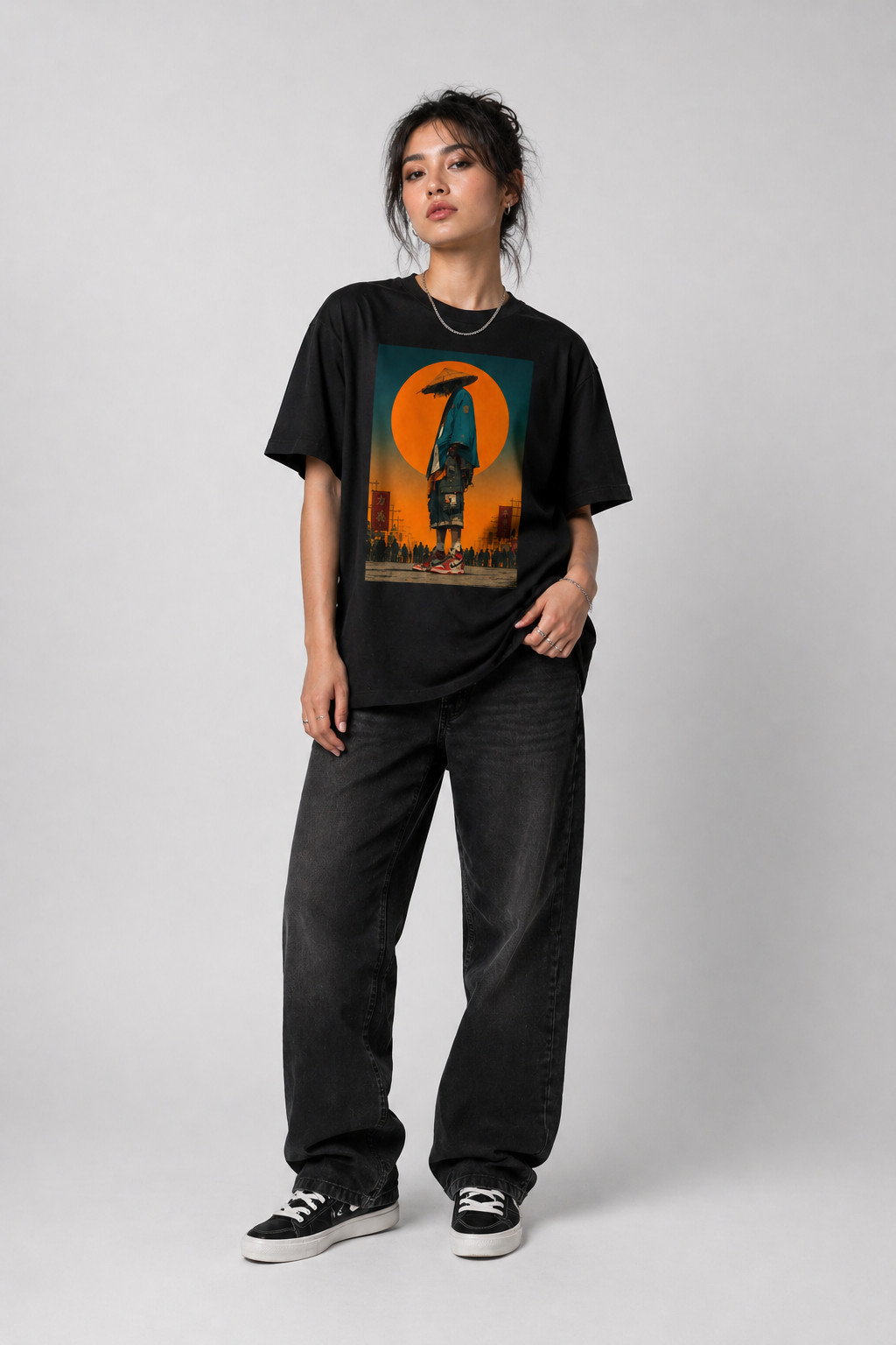 Unisex Graphic Black T-Shirt Cyberpunk Streetwear Loose Fit Japanese Anime Tee
