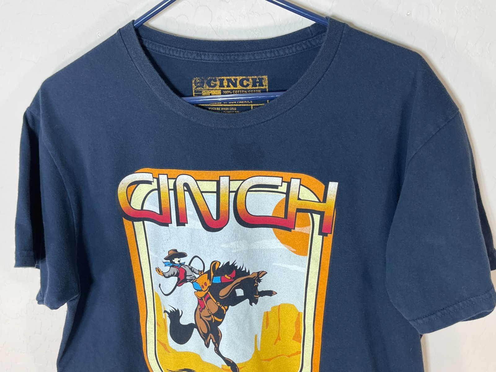 Cinch Western Cowboy Outlaw Bronc Blue Short Sleeve T-Shirt Mens Size L Tee