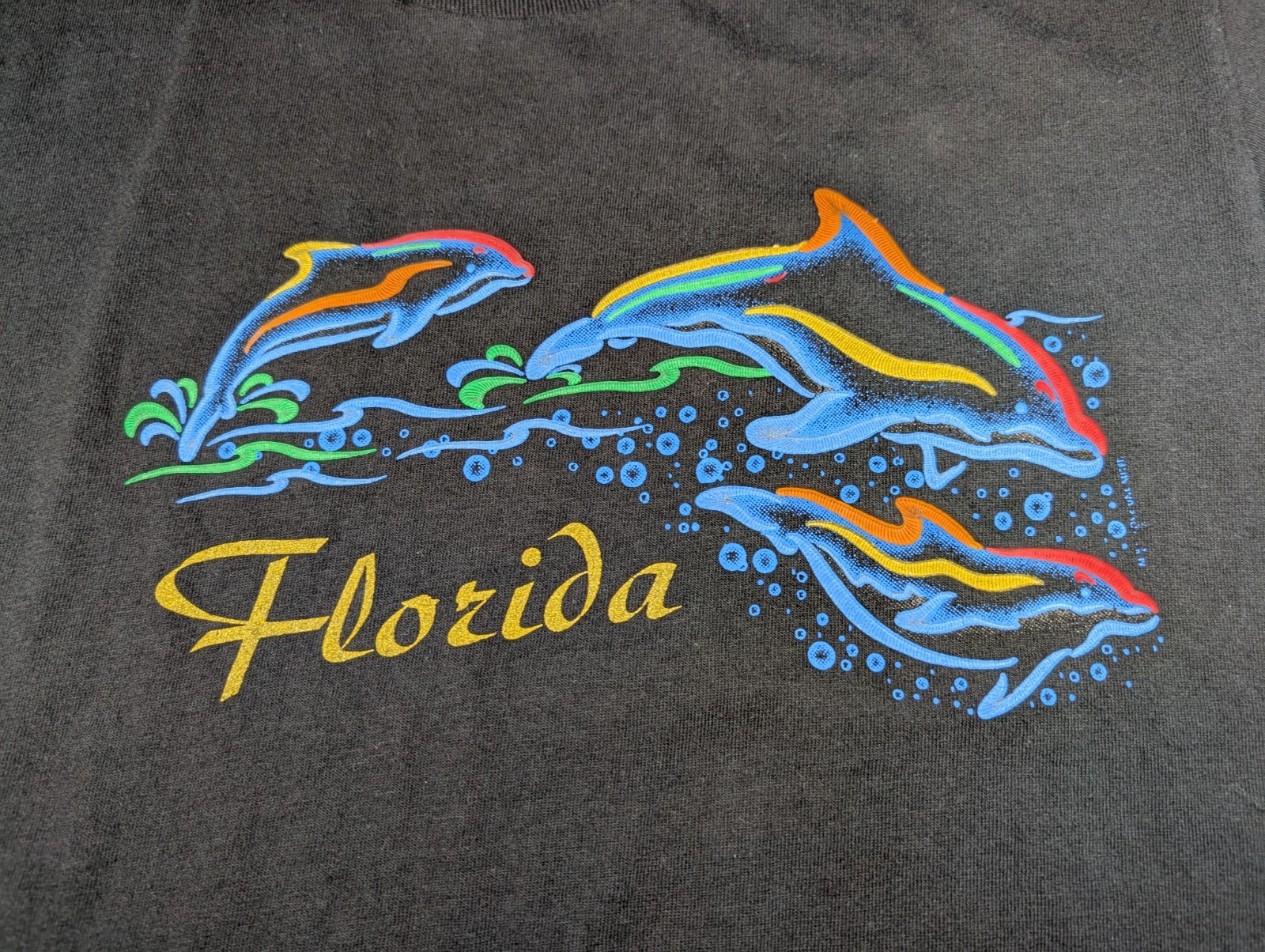 Vintage Florida Dolphins T Shirt Medium Tect Black Neon Water Single Stitch USA