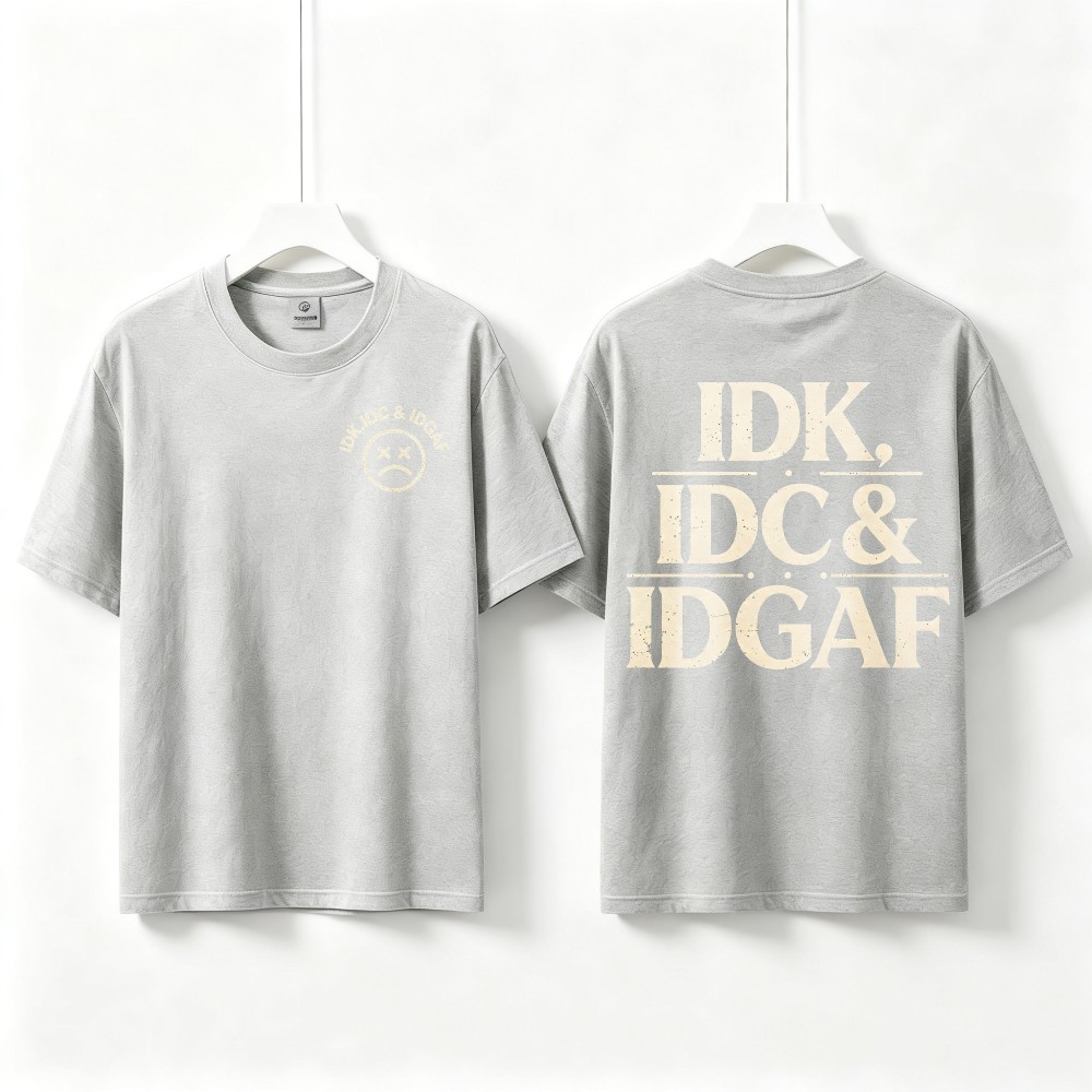 Vintage Distressed IDK IDC IDGAF Tee Double Sided Sad Face Chest Graphic T Shirt