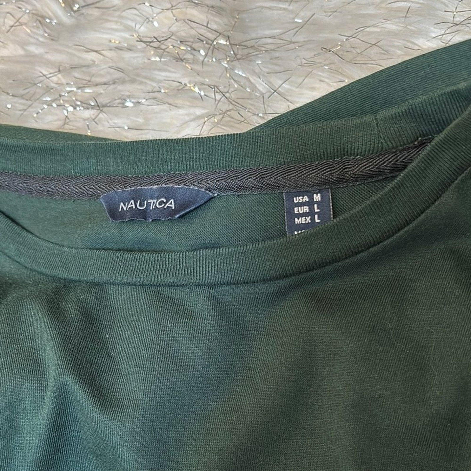 Nautica Men’s Round Neck Dark Green Long Sleeve Tee with Stripe Detail Size M