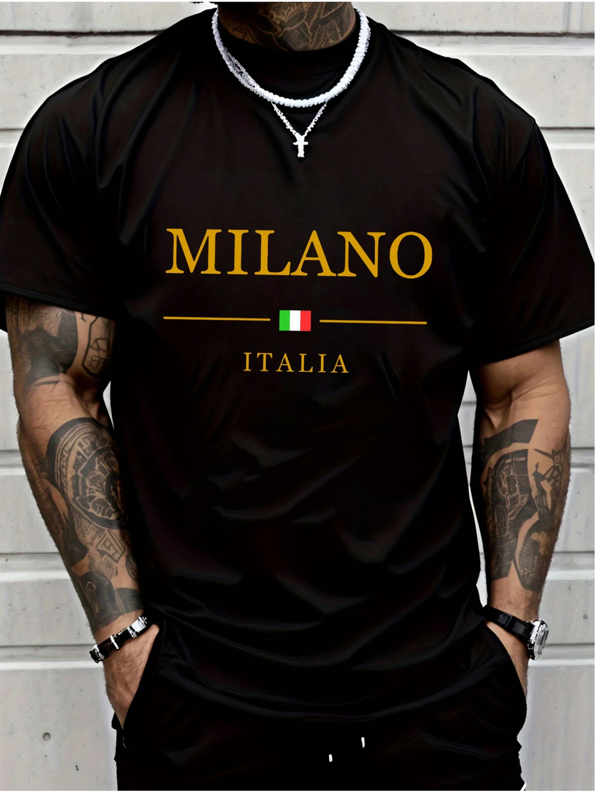 100% Premium Cotton Men’s Milano Italy Graphic Print T-Shirt | Black Crew Neck S