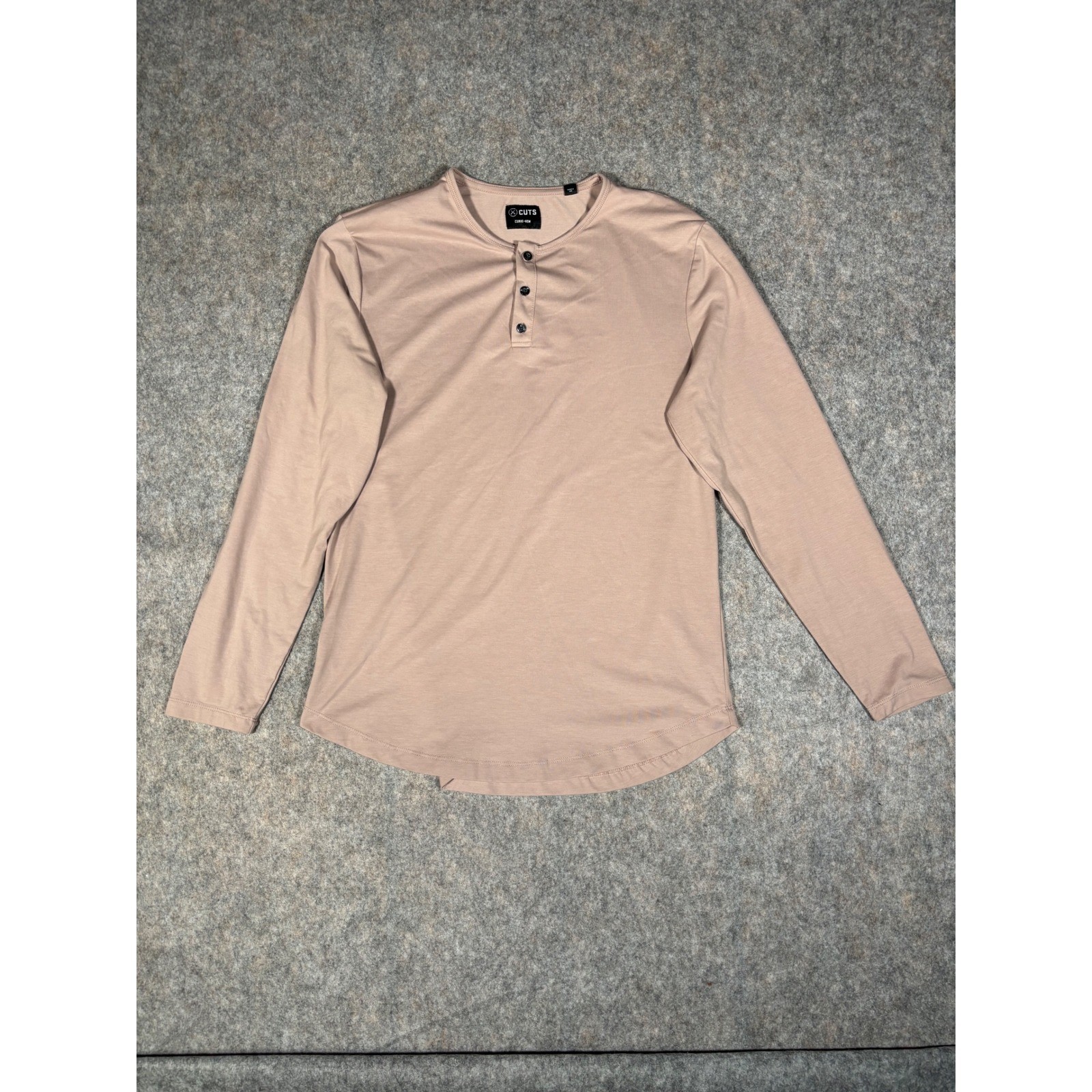Cuts Henley Curvew-Hem Long Sleeve Shirt Mens XL Tan Stretch Casual Top