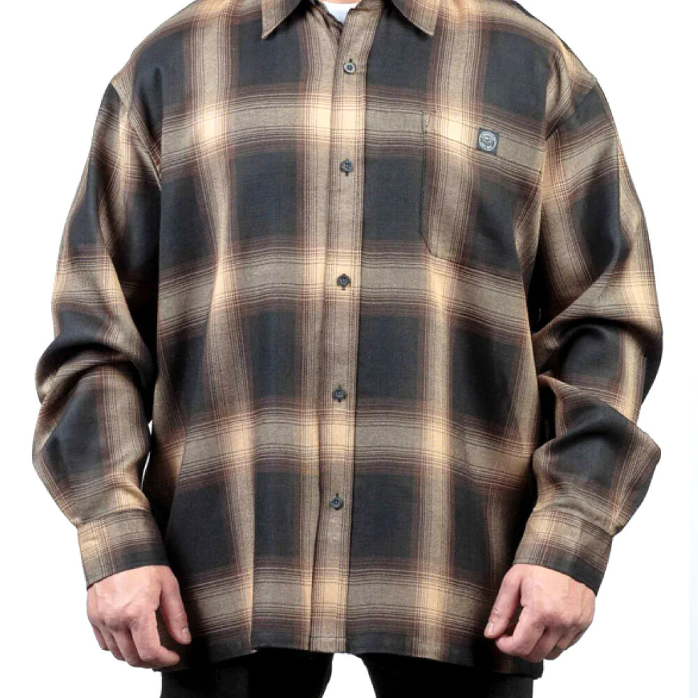 Brown Veterano Long Sleeve Men’s Plaid Flannel Shirt Lowrider Cholo Chicano Rap