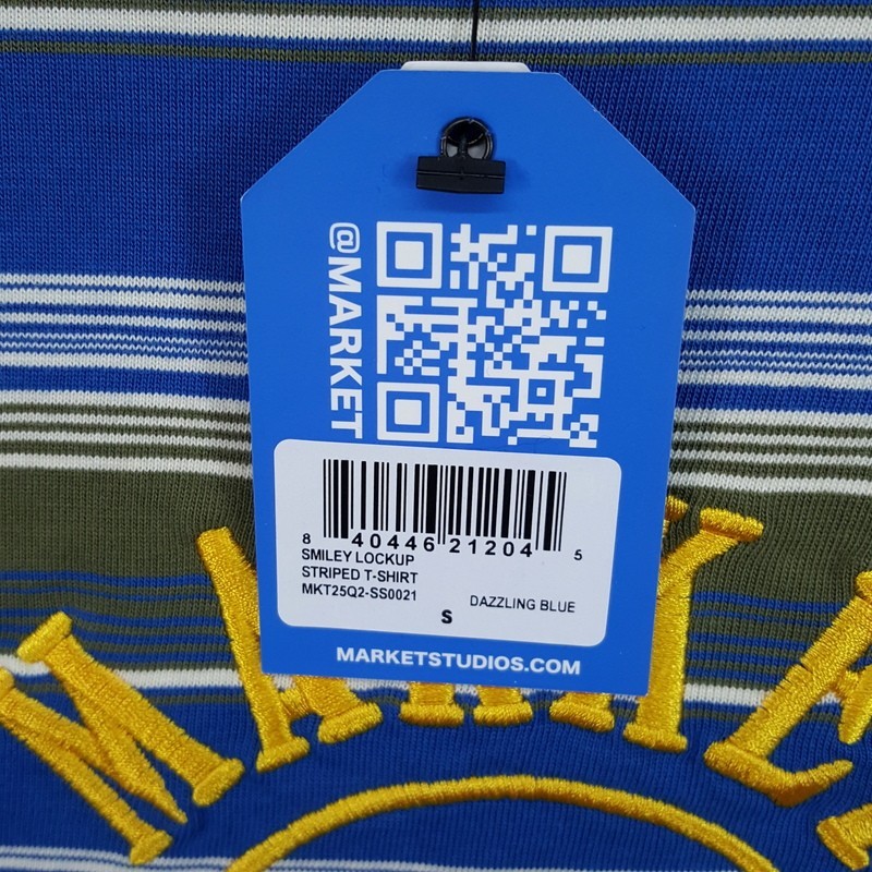 MARKET STUDIO Shirt Mens Small Blue Stripe Pullover Crew Smiley T-Shirt Tee