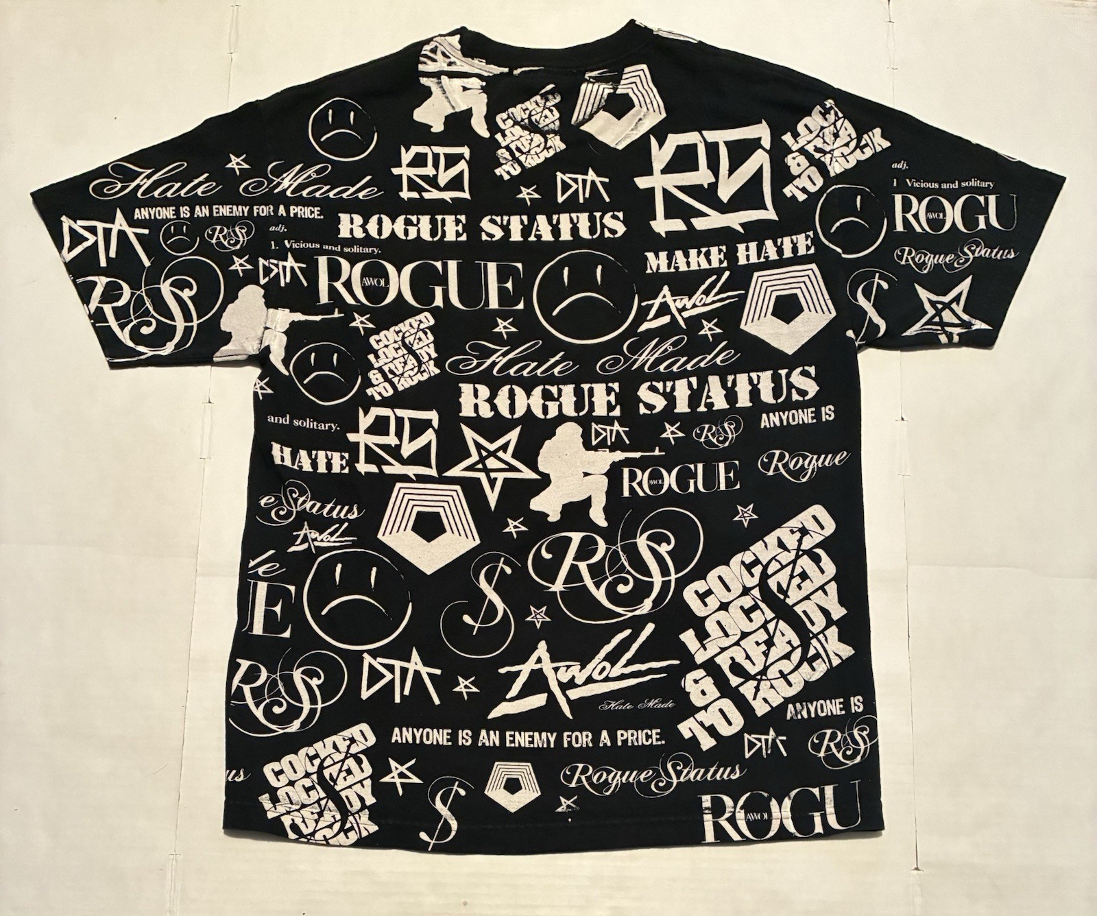 Y2K Rogue Status AOP Skater Black Tshirt Size Large Grunge Streetwear Rob Dyrdek