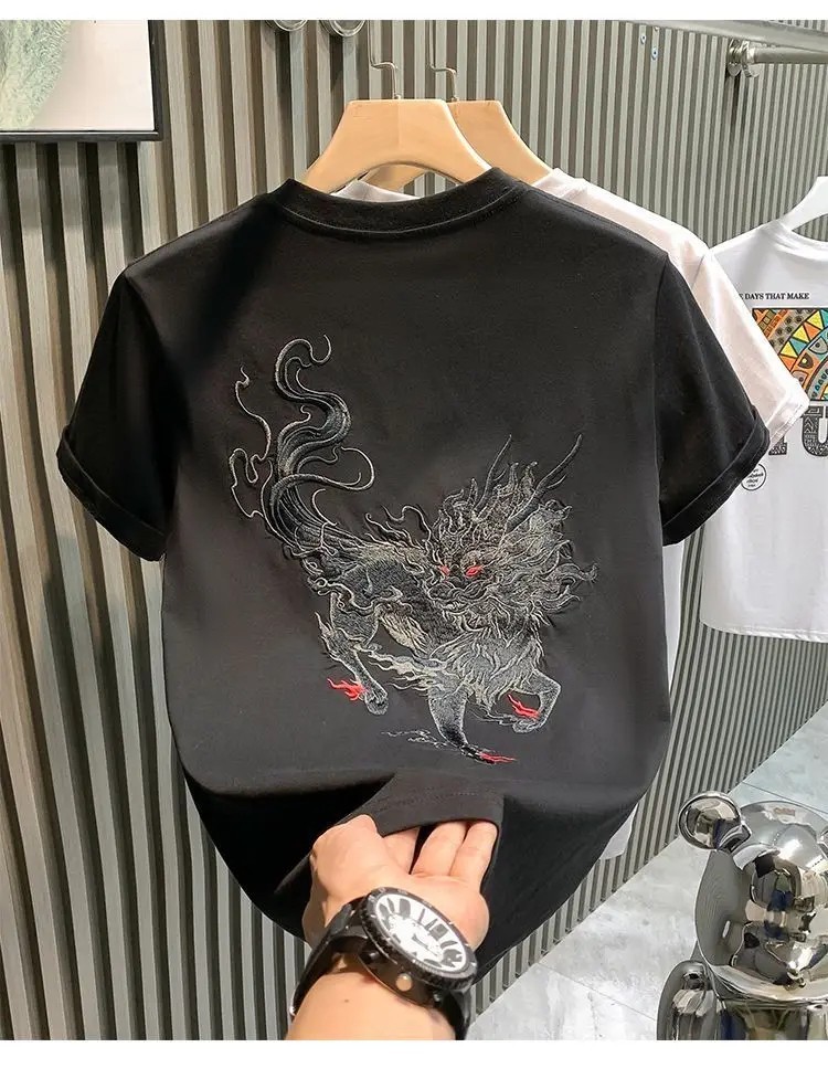 Men’s Mythical Dragon Kirin Embroidery Short Sleeve Casual Summer T-Shirt