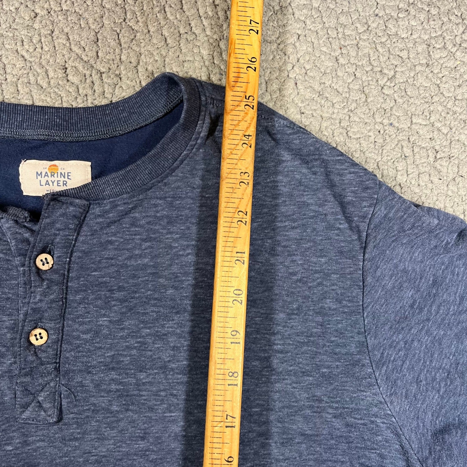 Marine Layer Mens Long Sleeve Henley Shirt Blue Heathered Tri-Blend Medium