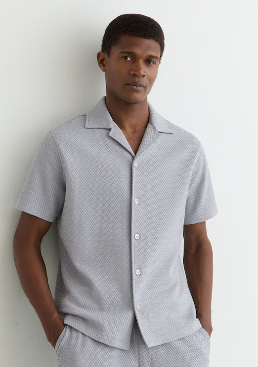 REISS Mens Soft Blue Felipe Cuban Collar SS Shirt Designer Textured Jacquard