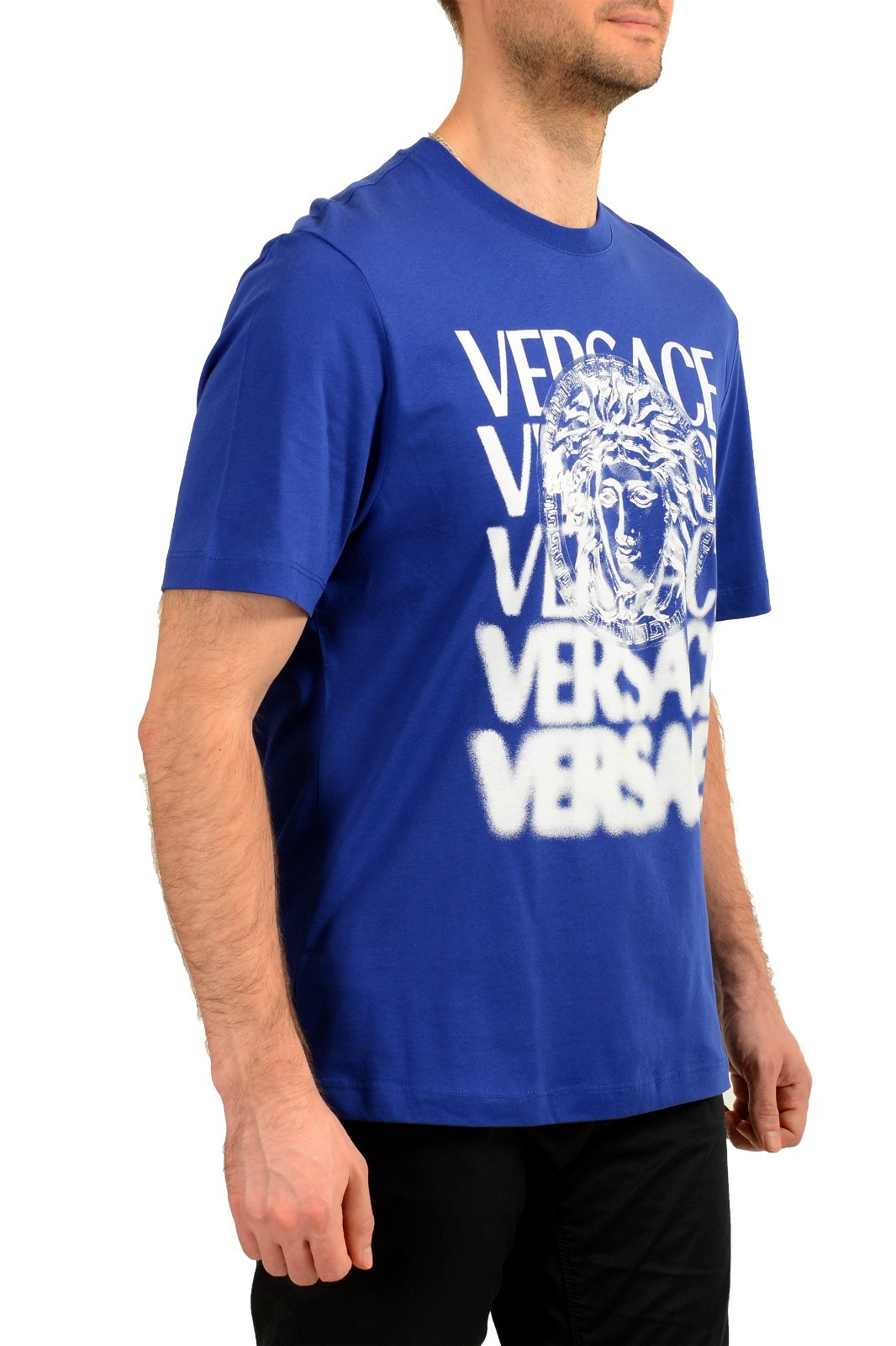 Versace Men’s Blue Logo Print Crewneck Short Sleeve T-Shirt US 2XL IT 56