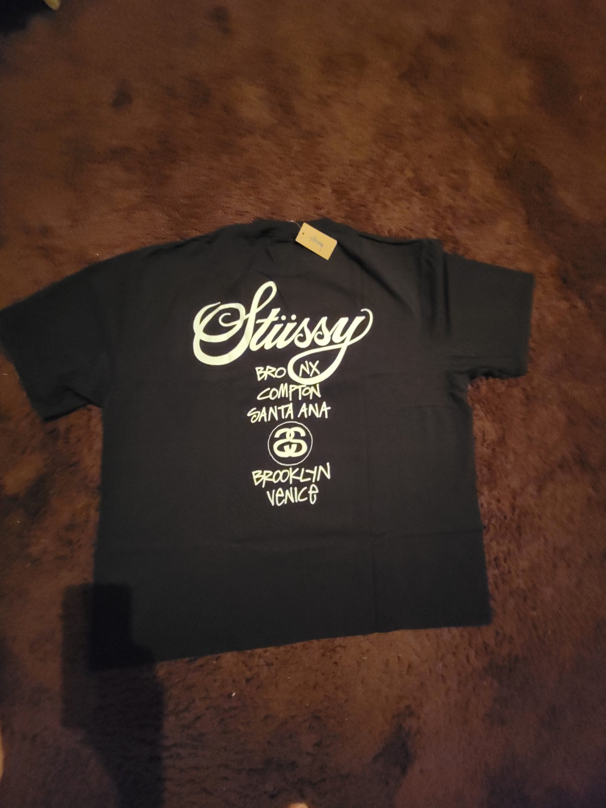 Stüssy Men’s Black Graphic Logo World Tour Crew Neck T-Shirt Short Sleeve L