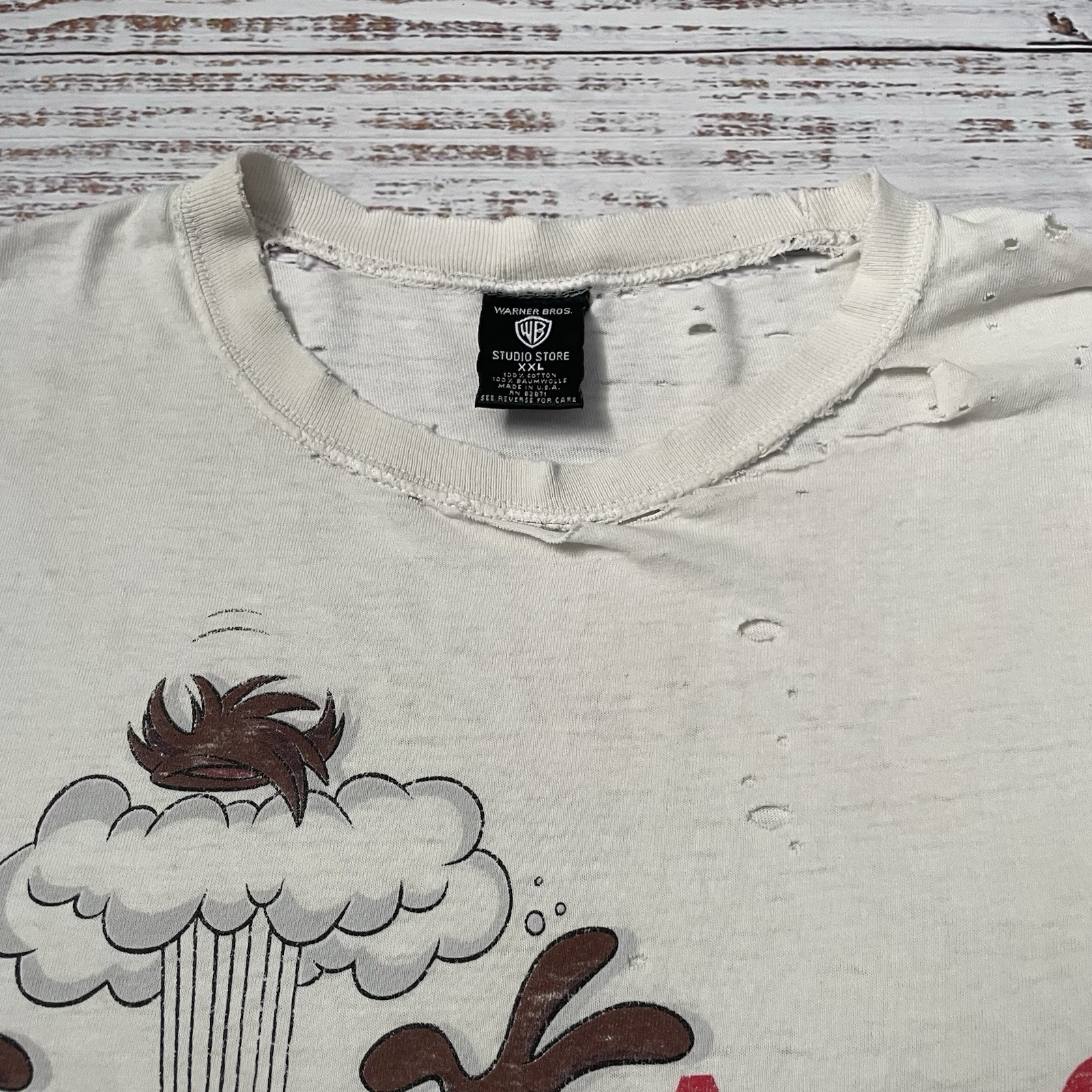 Vintage 90s Taz Looney Tunes Distressed Worn Faded Cut Off White Shirt Adult 2XL