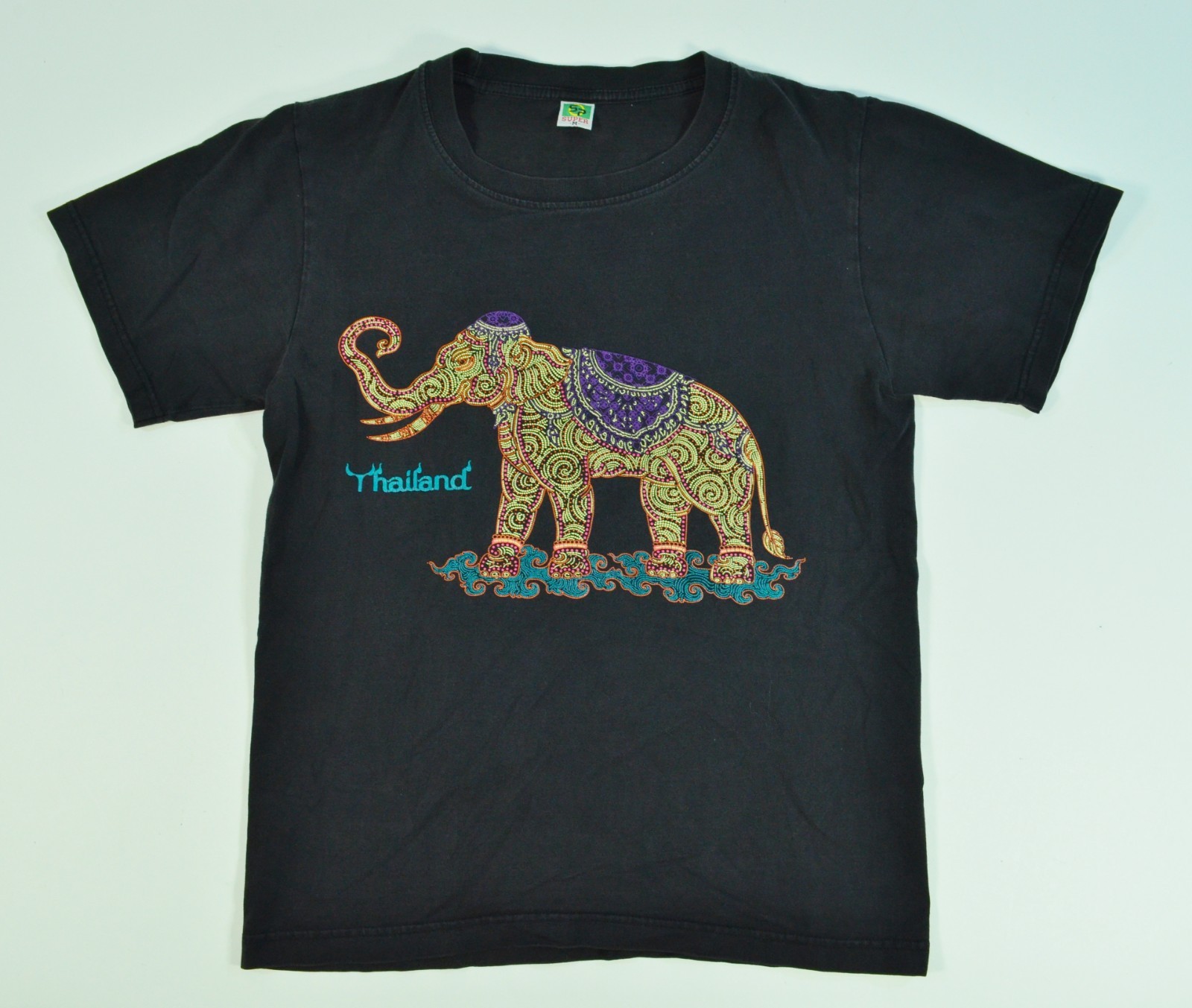 Vintage Thai Thailand Elephant Double Sided 90’s Medium Black Shirt “Beaded Art”
