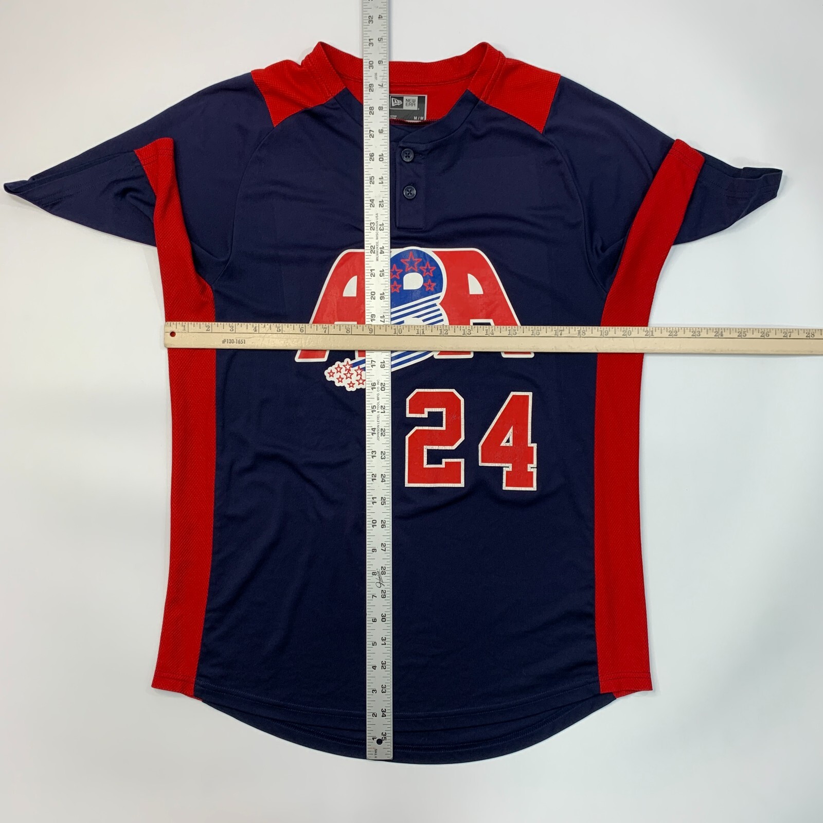 New Era ABA Baseball Jersey Mens M Medium Navy Blue Red Henley Short Sleeve