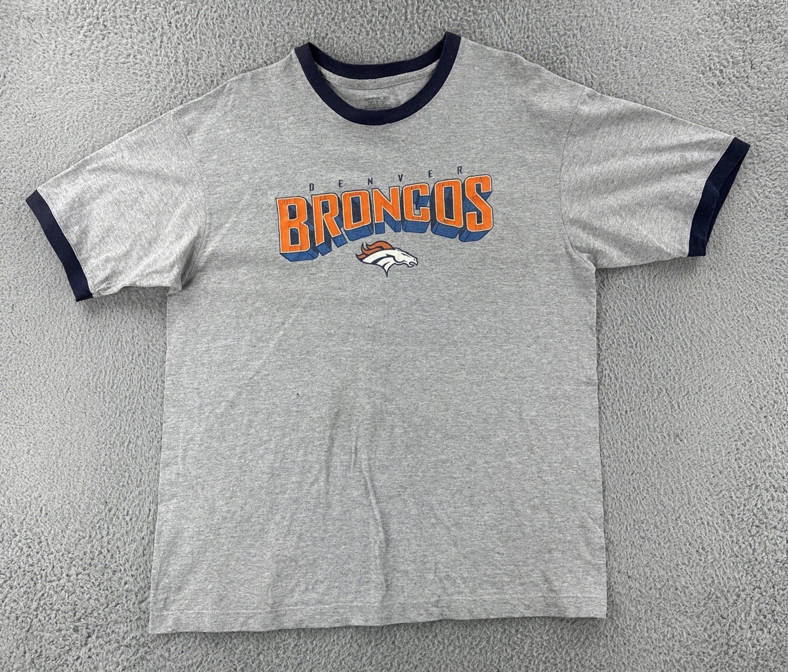 Reebok Adult Size Large Gray Ringer T Shirt NFL Denver Broncos Football Y2K Tee
