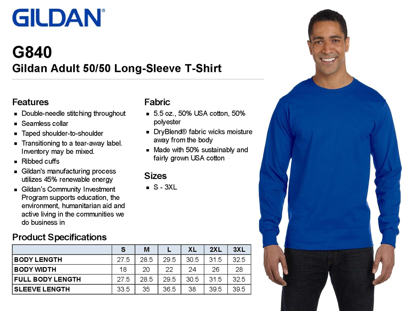 Gildan Mens T-Shirt Long Sleeve DryBlend 5.6 oz 50/50 S-XL G840 8400