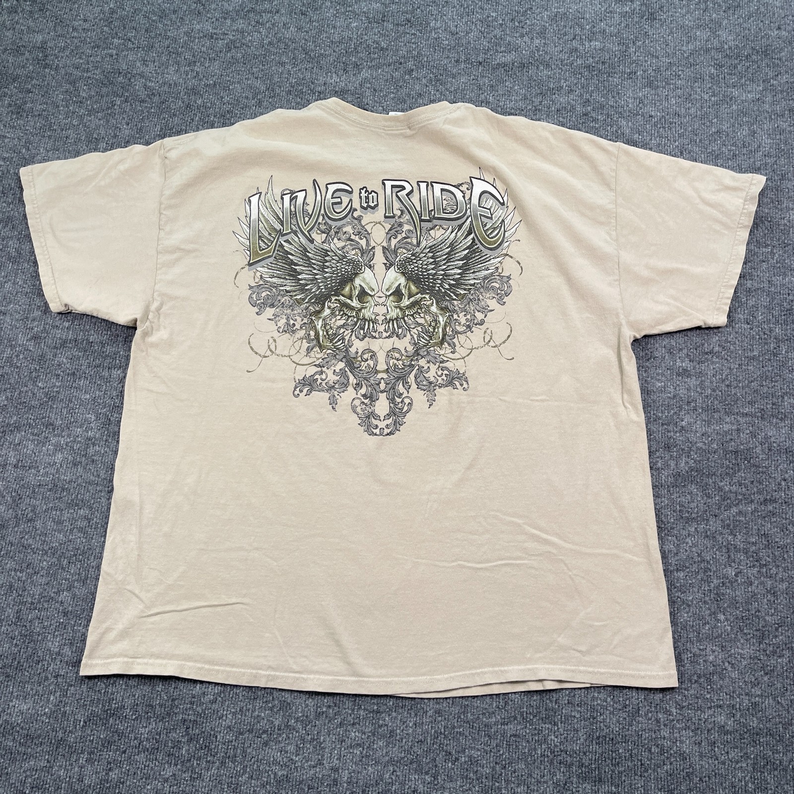 Live To Ride Eagle Wings Skull Biker Shirt 2XL 25×29 Beige