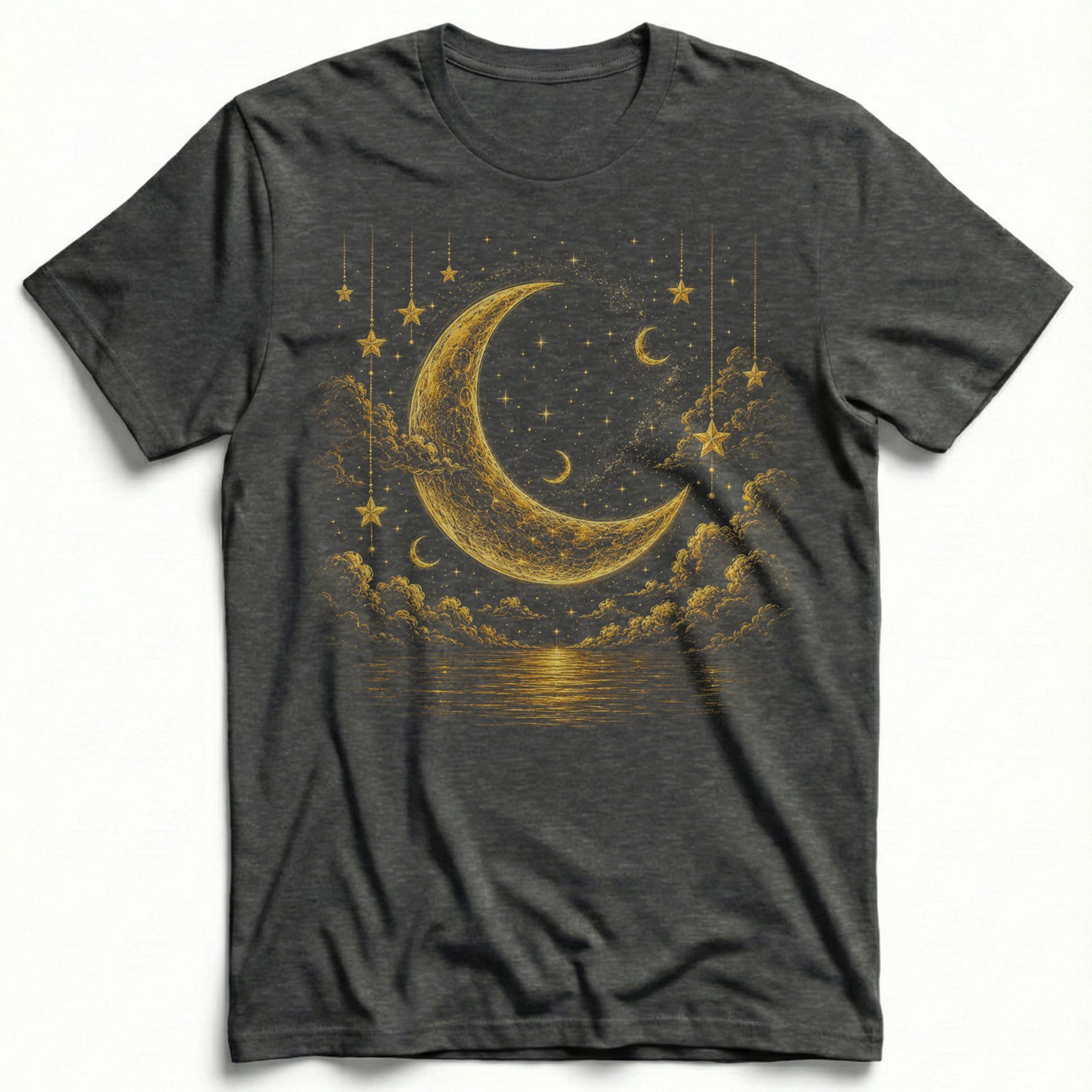 Golden Crescent Moon Stars T-Shirt Mystic Night Sky Reflection Tee