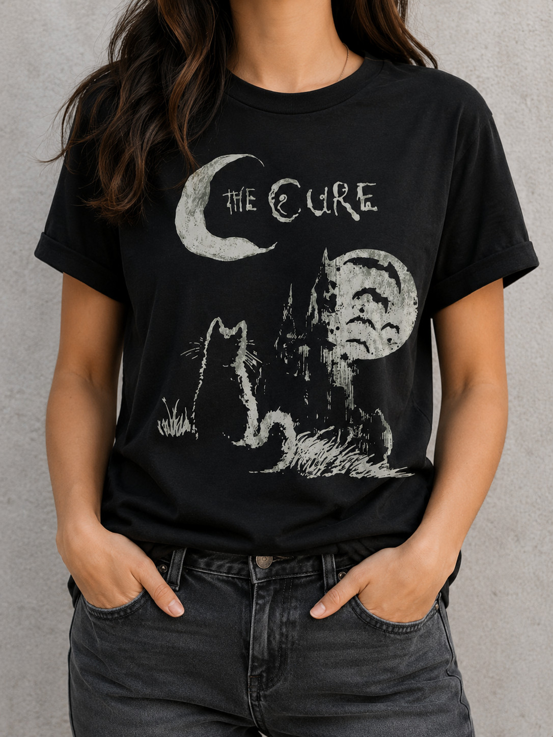 The Cure Gothic Cat Moon Graphic T-Shirt Vintage Alternative Rock Tee