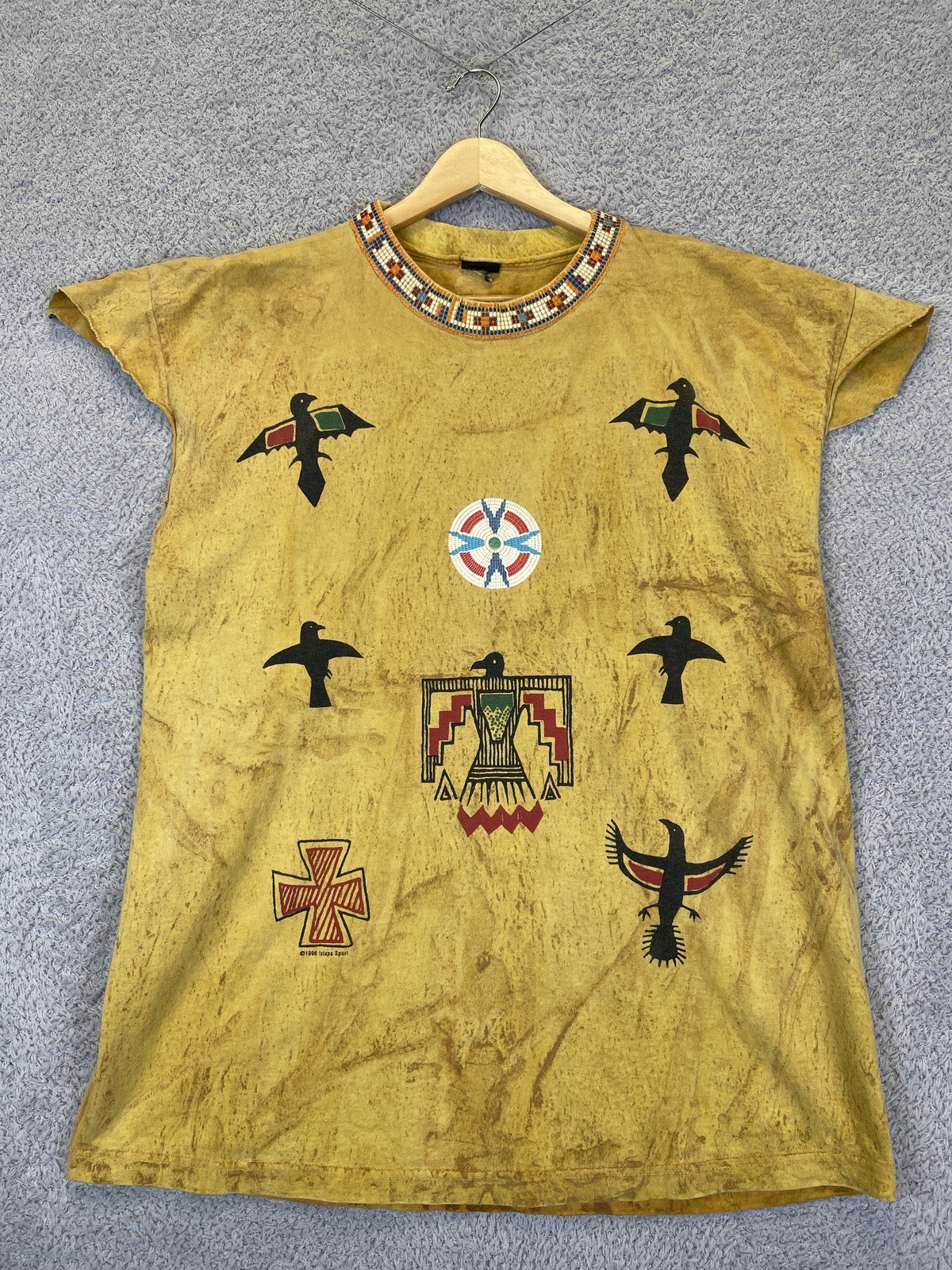 Vintage Factory Artwear Beaded Aztec Native American Totem Shirt Size Large