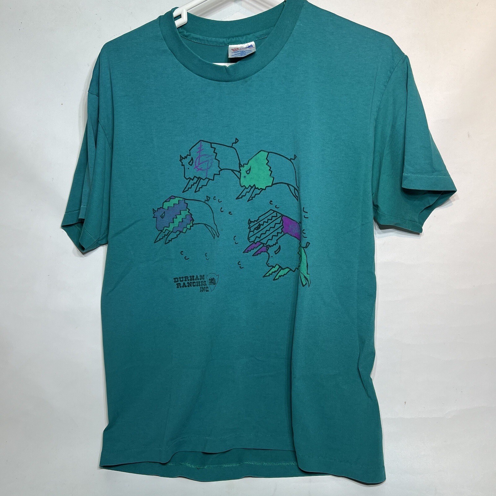 Vintage Single Stitch Durham Ranches Inc. Shirt Mens Size Large Teal Buffaloes