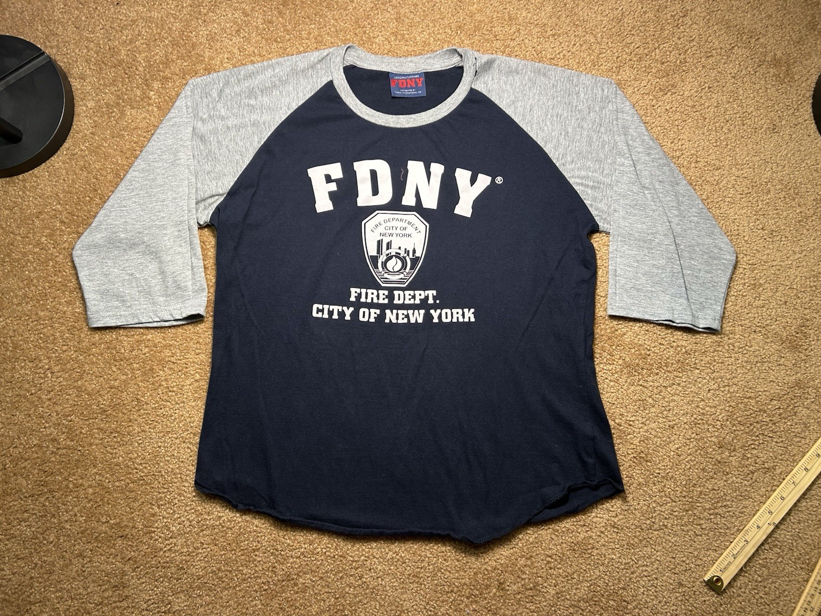 Official FDNY Fire Department City of New York Raglan 3/4 Sleeve Shirt Mens L