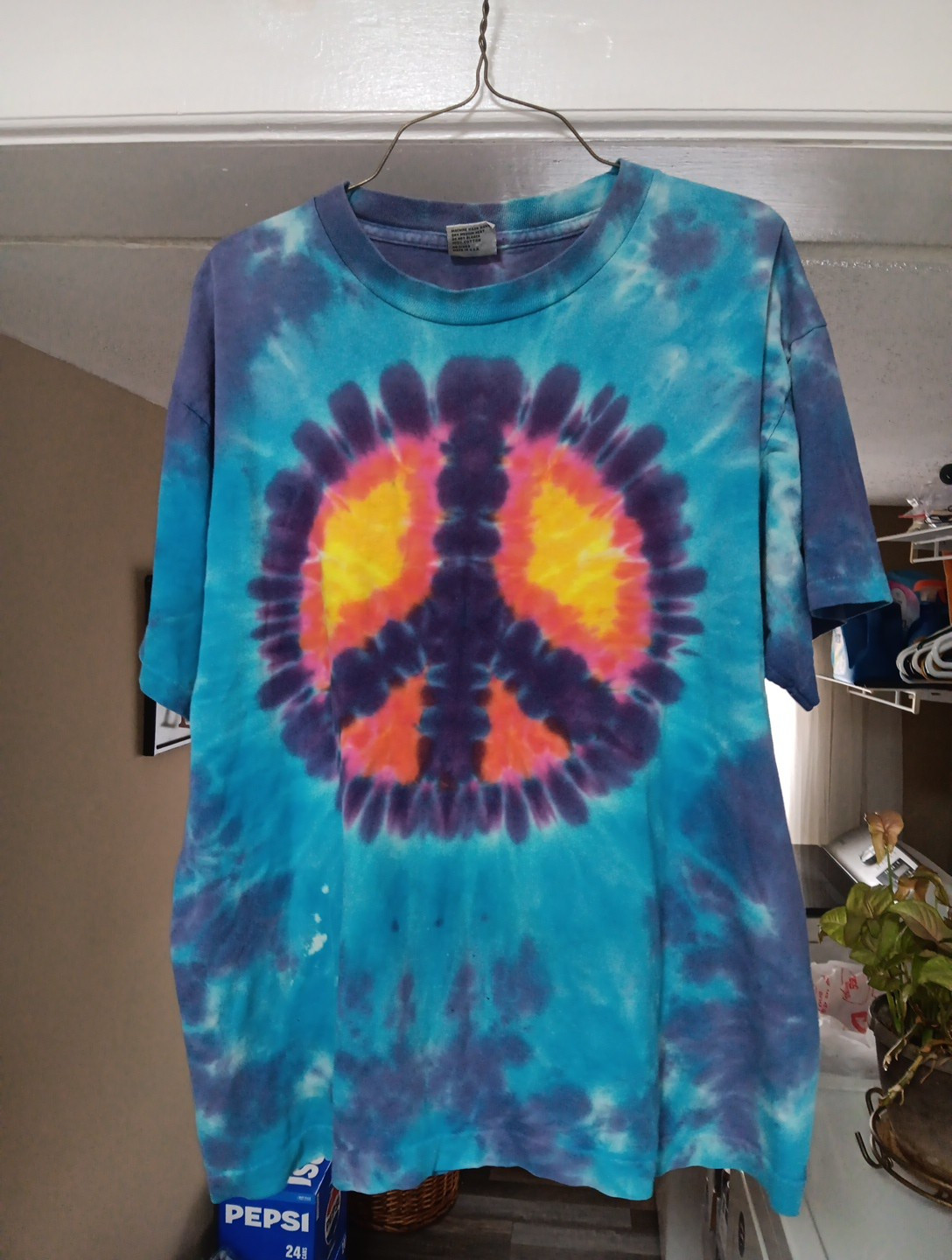 Vintage Sundog 90s Single Stitch Tie Dye Peace Sign T Shirt Hippie Bohemian AOP