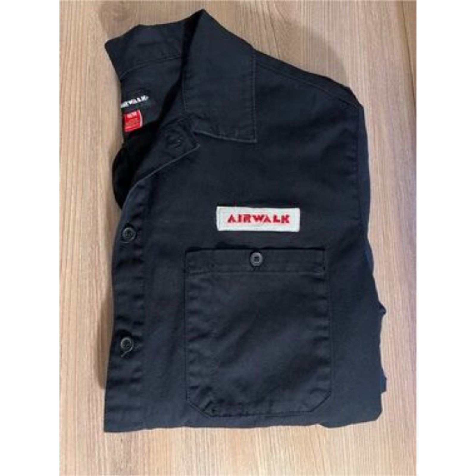 Airwalk Workwear Button-Up Shirt Black Short Sleeve Logo Patch Men’s Medium