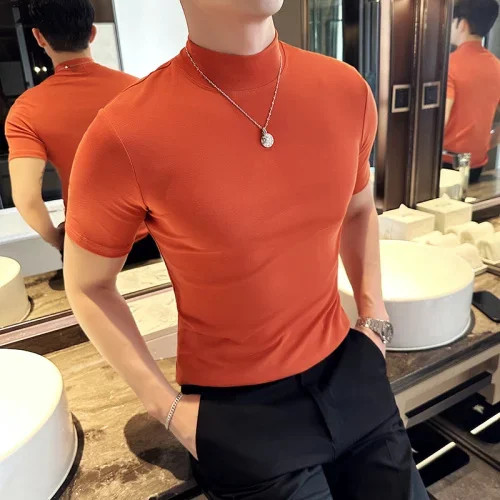 Autumn Winter Men’s Half High Neck Short Sleeve T-shirt Korean Slim Fit Solid Co