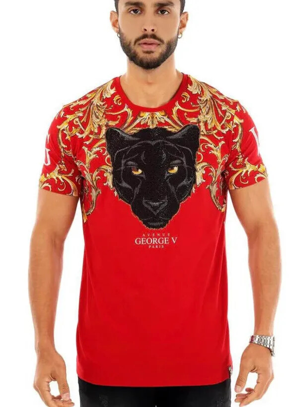 Avenue George V Paris T-Shirt Black Panther Rhinestone Men’s Red Shirt