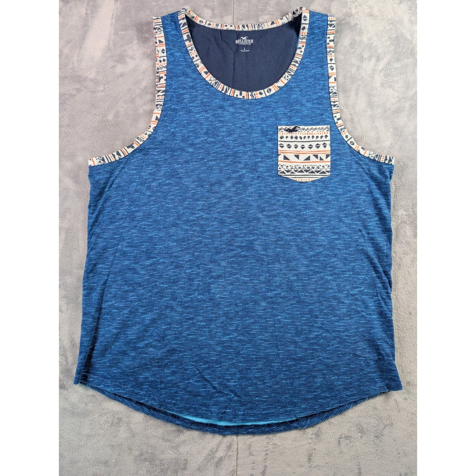 Hollister Mens Large Blue Space Dye Tank Top Geometric Pocket Tribal Trim Cotton