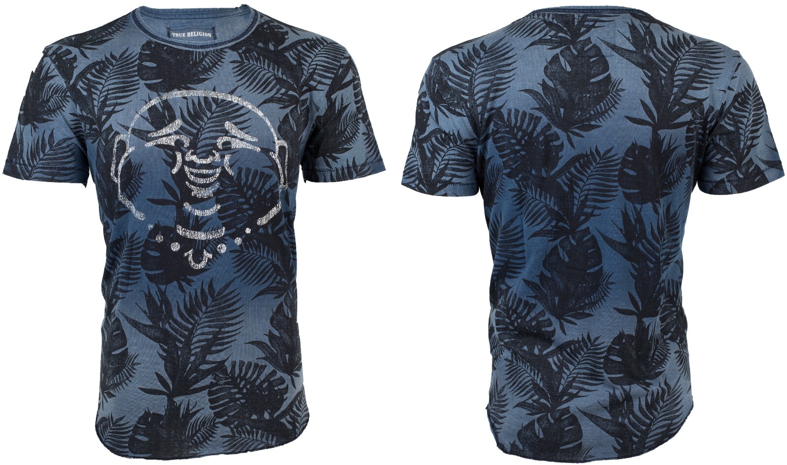 $89 TRUE RELIGION Indigo BUDDHA FACE Hawaiian Floral Graphic T-shirt NWT