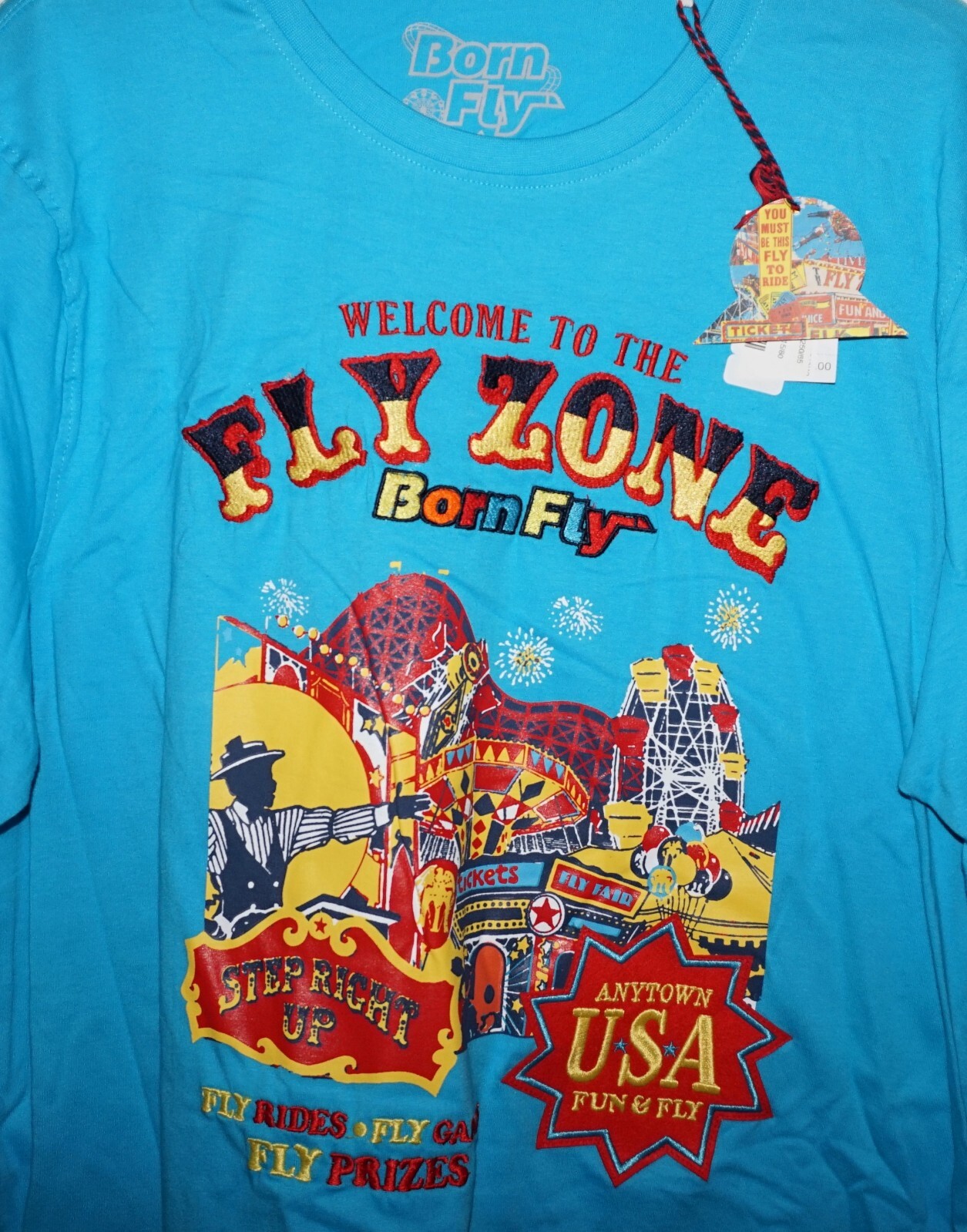 BORN FLY Mens T-Shirt Embroidered Aqua Blue 2XL 100% Cotton Anytown USA NWT
