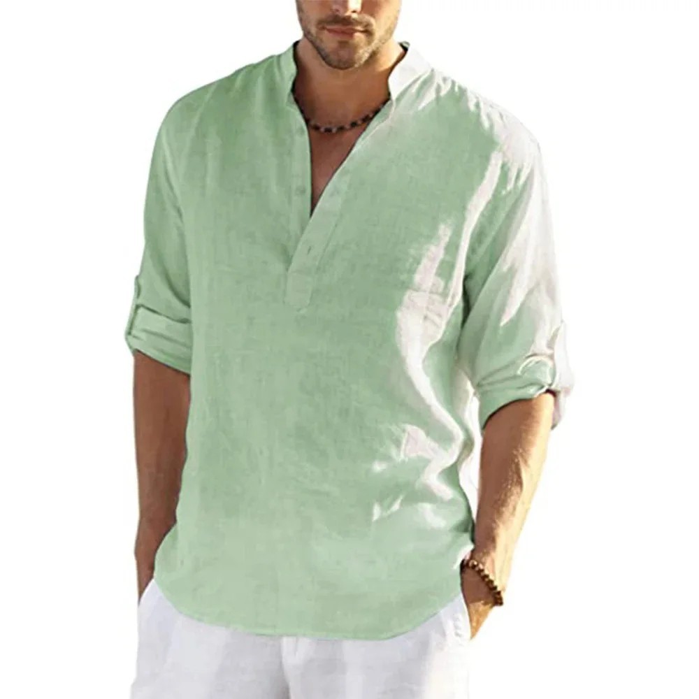 Men’s Cotton Linen Henley Long Sleeve Shirt Casual Beach T-shirt Tee Summer Gift