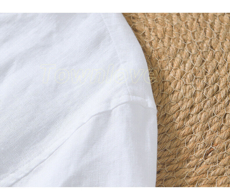 Men 100% Linen V Neck T-shirt Retro Summer Short Sleeves Tops Casual Undershirt