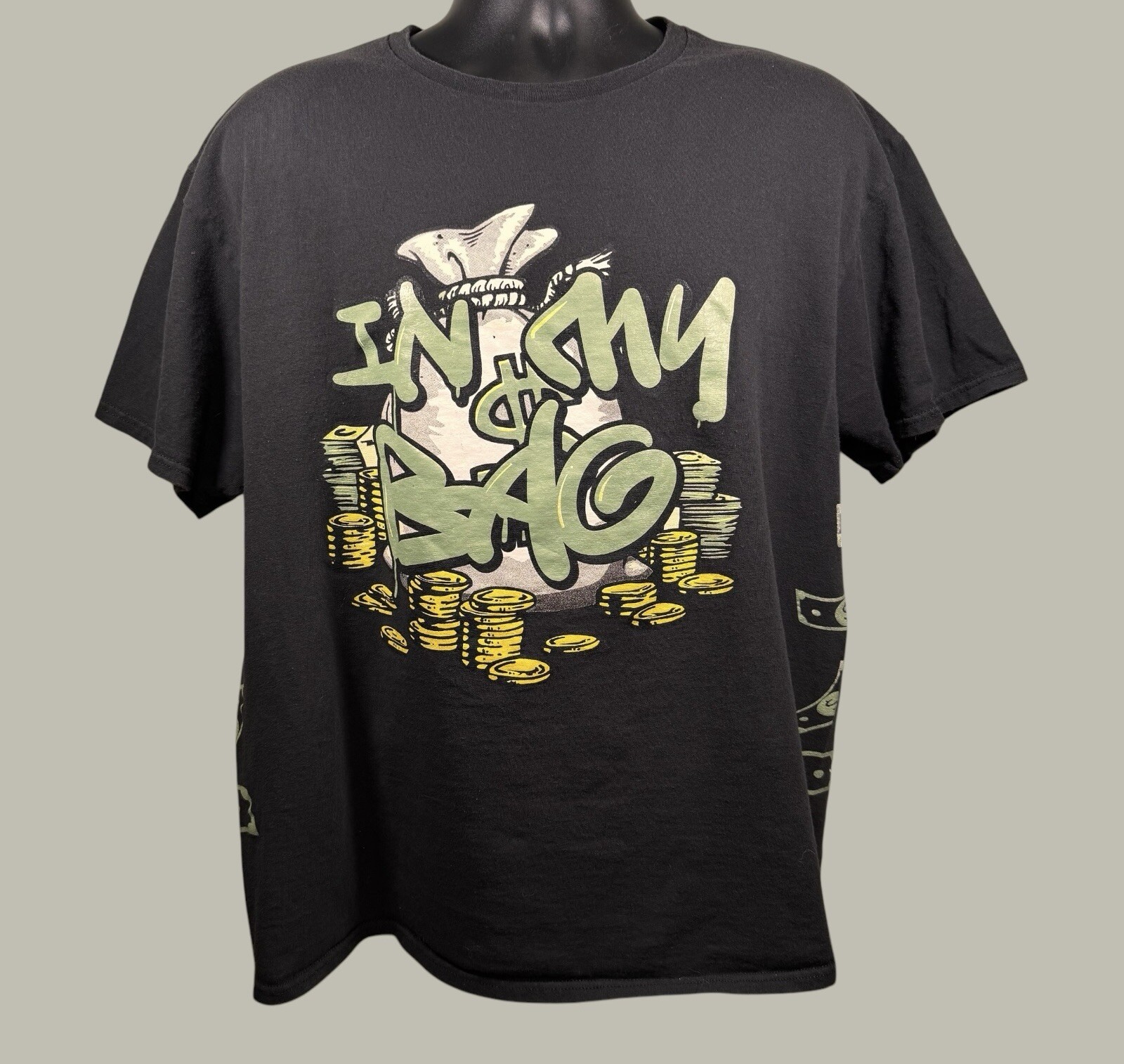 Vintage Y2K In My Money Bag Funny Graphic Black Short Sleeve T-Shirt Size XL