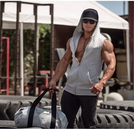 Sleeveless Zipper Hoodie Hooded Workout Men’s Gym Bodybuilding Tank Top Vest