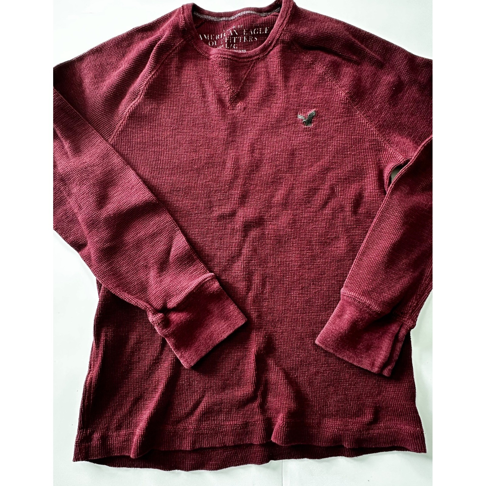 American Eagle Mens Thermal Shirt Large Burgundy Waffle Knit Long Sleeve Cotton