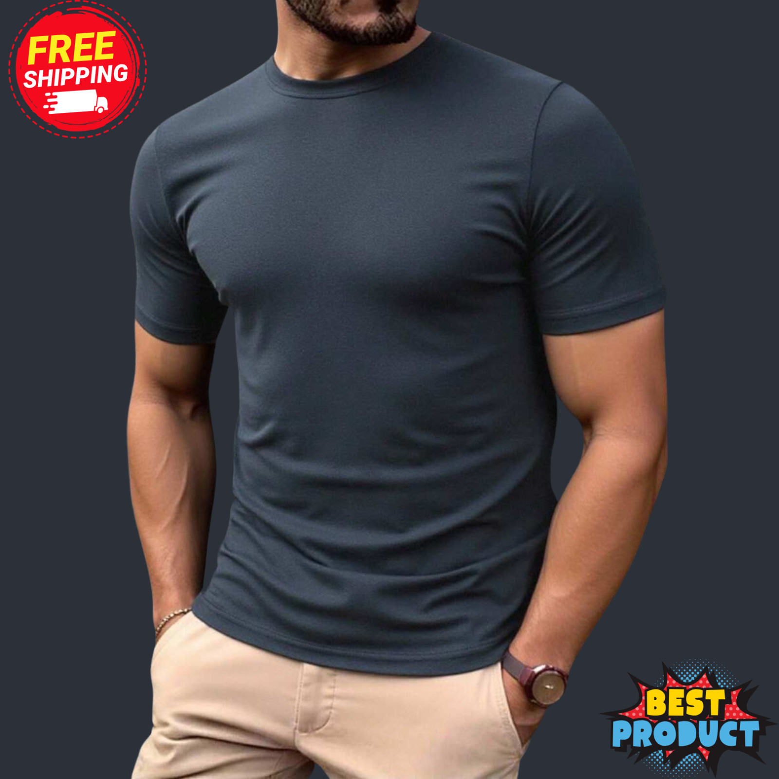 Men’s T-Shirt Short Sleeve Casual Ant Fabric Solid Color Crew Neck Slim T-Shirt